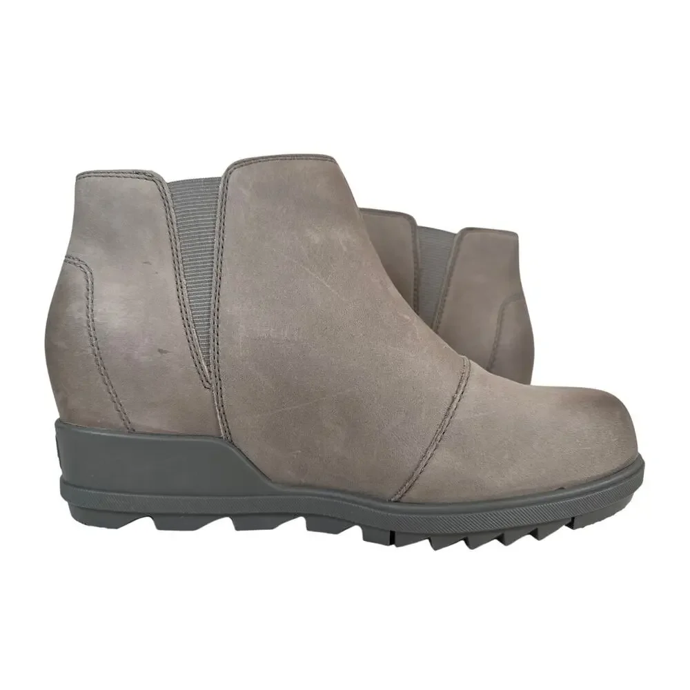 Sorel Evie Zip Bootie‎ Wedge Womens 8 Waterproof Grey Leather Quarry Sea Salt